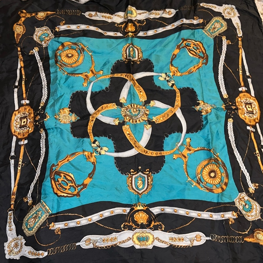 Large hand printed hand rolled silk scarf 32” square